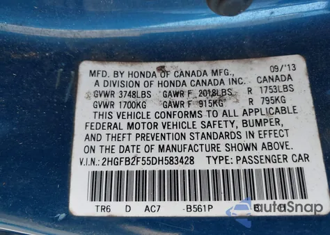 2013 Honda Civic Lx z USA, uszkodzony, nr VIN 2HGFB2F55DH583428